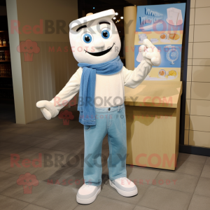 White Chocolate Bar mascot costume character dressed with a Denim Shirt and Scarves