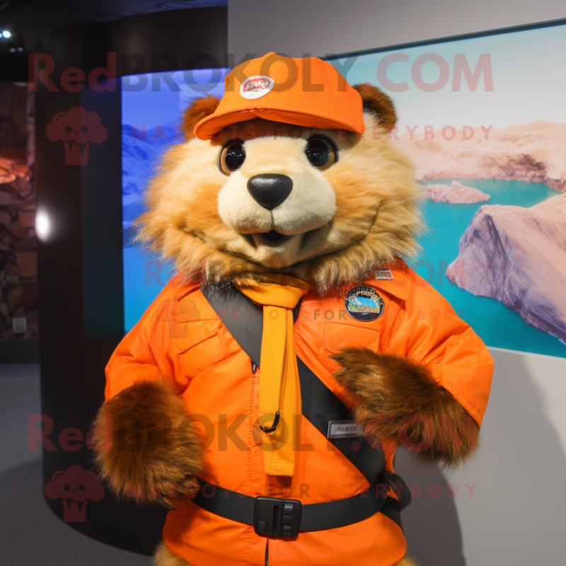 Orange Marmot mascot costume character dressed with a Moto Jacket and Scarf clips Orange Marmot mascot costume character dressed with a Moto Jacket and Scarf clips