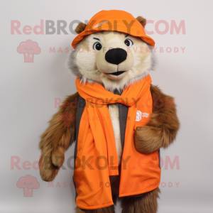 Orange Marmot mascot costume character dressed with a Moto Jacket and Scarf clips