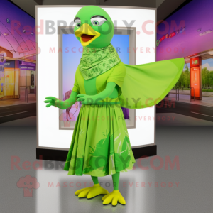Lime Green Passenger Pigeon mascot costume character dressed with a Wrap Dress and Scarves