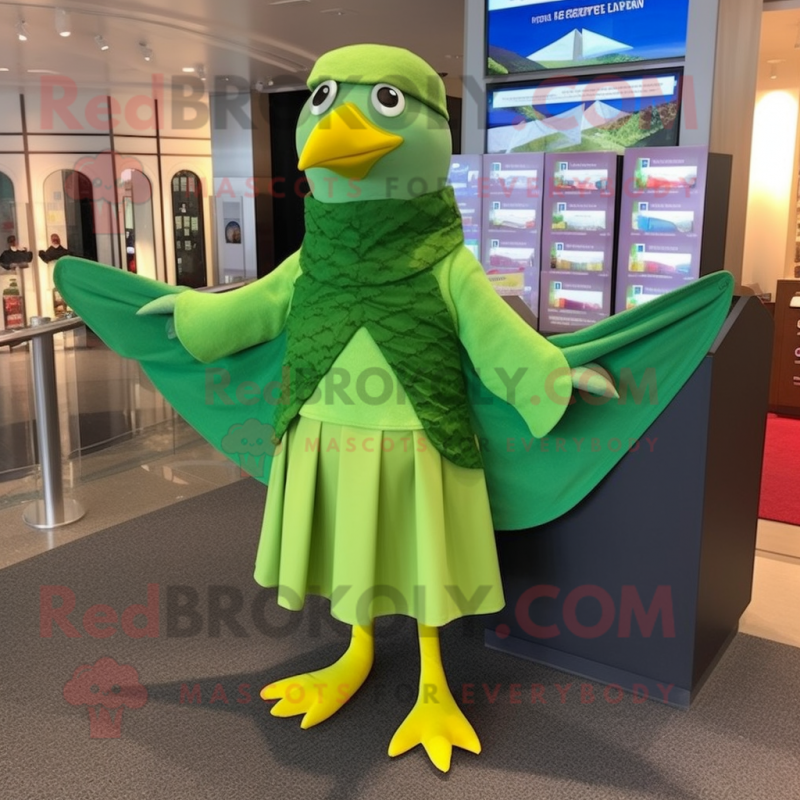 Lime Green Passenger Pigeon mascot costume character dressed with a Wrap Dress and Scarves