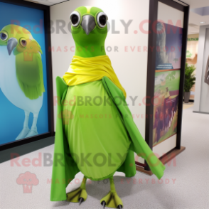 Lime Green Passenger Pigeon mascot costume character dressed with a Wrap Dress and Scarves