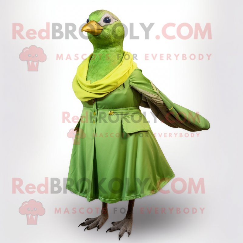 Lime Green Passenger Pigeon mascot costume character dressed with a Wrap Dress and Scarves