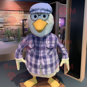 Lavender Seagull mascot costume character dressed with a Flannel Shirt and Caps