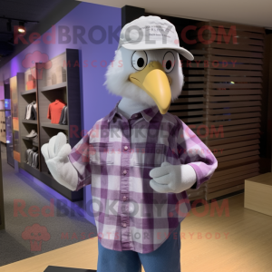 Lavender Seagull mascot costume character dressed with a Flannel Shirt and Caps