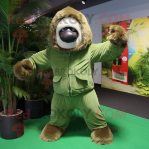 Green Giant Sloth mascot costume character dressed with a Corduroy Pants and Cufflinks