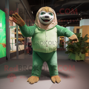 Green Giant Sloth mascot costume character dressed with a Corduroy Pants and Cufflinks