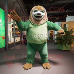 Green Giant Sloth mascot costume character dressed with a Corduroy Pants and Cufflinks