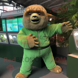 Green Giant Sloth mascot costume character dressed with a Corduroy Pants and Cufflinks