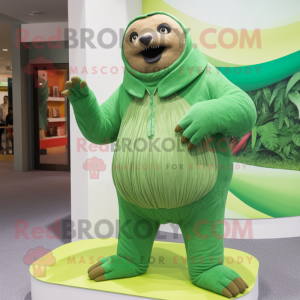 Green Giant Sloth mascot costume character dressed with a Corduroy Pants and Cufflinks