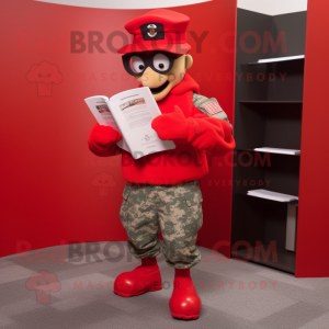 Red American Soldier mascot costume character dressed with a Joggers and Reading glasses