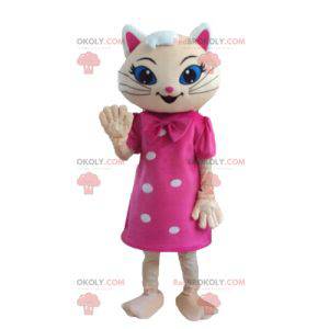 Mascote gato bege com vestido rosa e olhos azuis -