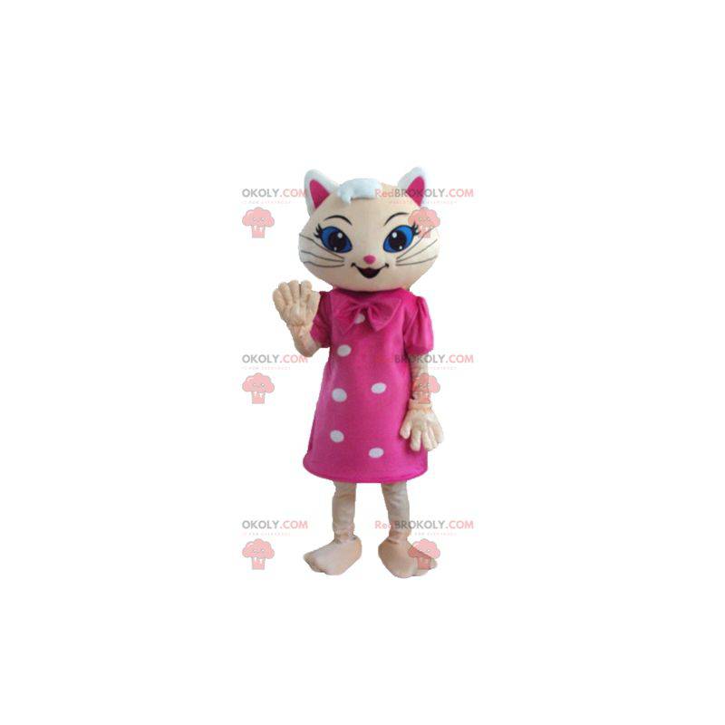 Beige cat mascot with a pink dress and blue eyes -