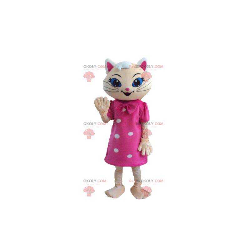 Mascotte gatto beige con un vestito rosa e occhi azzurri -