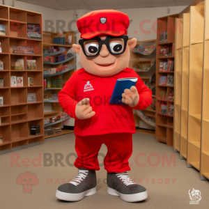 Red American Soldier mascot costume character dressed with a Joggers and Reading glasses