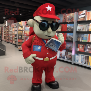 Red American Soldier mascot costume character dressed with a Joggers and Reading glasses