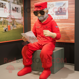 Red American Soldier mascot costume character dressed with a Joggers and Reading glasses