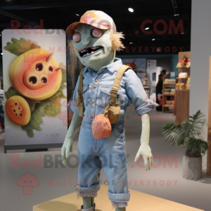 Peach Zombie mascot costume character dressed with a Chambray Shirt and Keychains