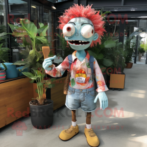 Peach Zombie mascot costume character dressed with a Chambray Shirt and Keychains