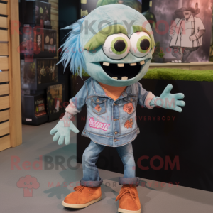 Peach Zombie mascot costume character dressed with a Chambray Shirt and Keychains