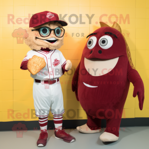 Maroon Fish And Chips mascot costume character dressed with a Baseball Tee and Eyeglasses