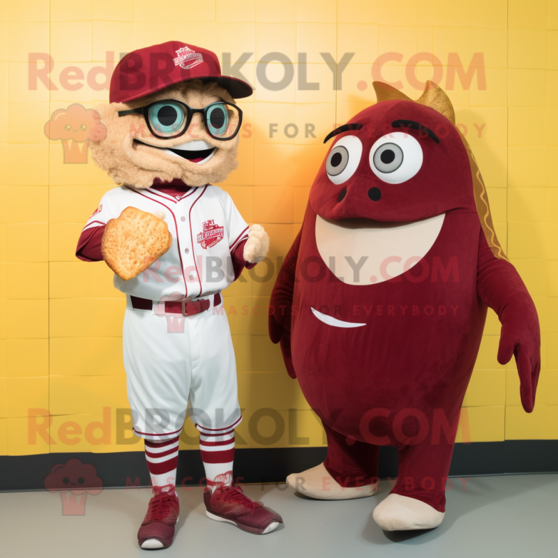 Maroon Fish And Chips mascot costume character dressed with a Baseball Tee and Eyeglasses