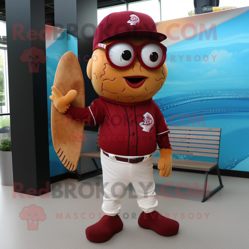 Maroon Fish And Chips mascot costume character dressed with a Baseball Tee and Eyeglasses