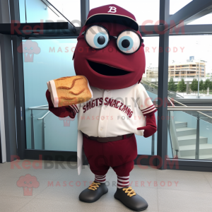 Maroon Fish And Chips mascot costume character dressed with a Baseball Tee and Eyeglasses