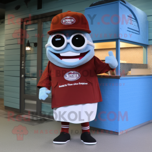 Maroon Fish And Chips mascot costume character dressed with a Baseball Tee and Eyeglasses