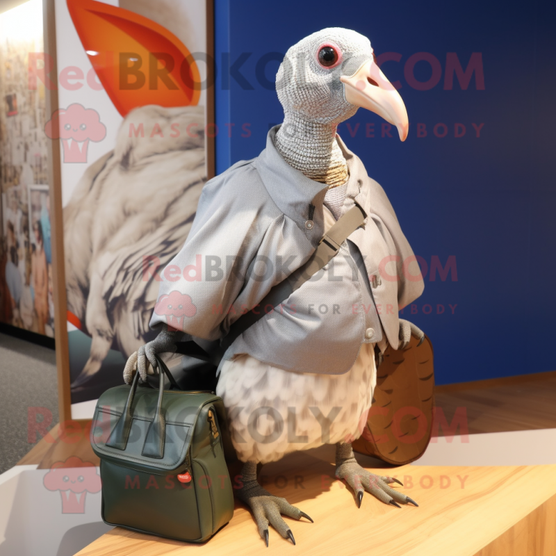 Silver Guinea Fowl mascot costume character dressed with a Windbreaker and Handbags