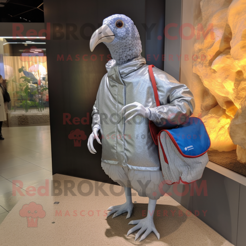 Silver Guinea Fowl mascot costume character dressed with a Windbreaker and Handbags Silver Guinea Fowl mascot costume character dressed with a Windbreaker and Handbags