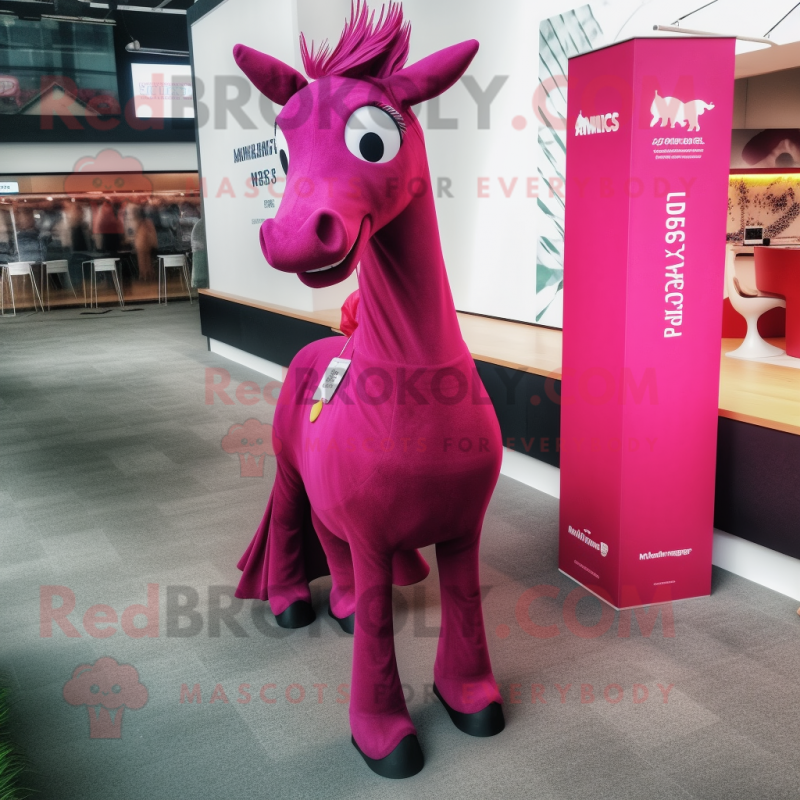 Magenta Horse mascot costume character dressed with a Maxi Dress and Tie pins