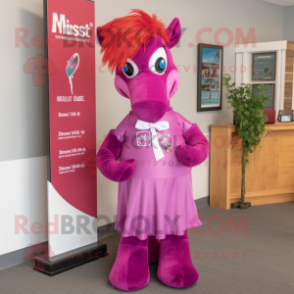 Magenta Horse mascot costume character dressed with a Maxi Dress and Tie pins