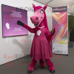 Magenta Horse mascot costume character dressed with a Maxi Dress and Tie pins