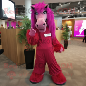 Magenta Horse mascot costume character dressed with a Maxi Dress and Tie pins