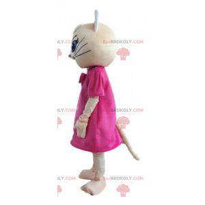 Beige kat mascotte met een roze jurk en blauwe ogen -