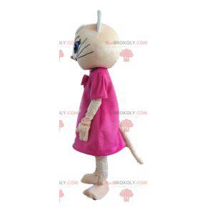 Beige Katzenmaskottchen mit einem rosa Kleid und blauen Augen -