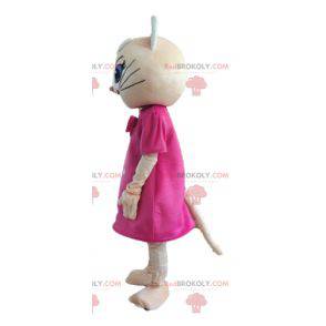 Mascote gato bege com vestido rosa e olhos azuis -
