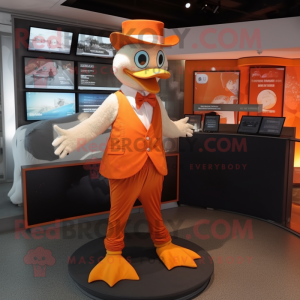 Orange Swan mascot costume character dressed with a Waistcoat and Caps