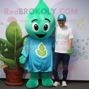 Teal Beanstalk mascot costume character dressed with a T-Shirt and Caps
