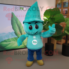 Teal Beanstalk mascot costume character dressed with a T-Shirt and Caps
