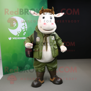 Olive Hereford Cow mascot costume character dressed with a Jacket and Handbags