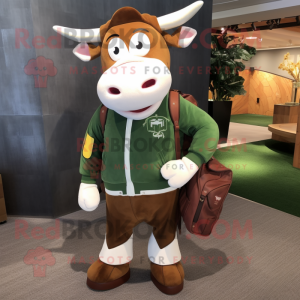 Olive Hereford Cow mascot costume character dressed with a Jacket and Handbags