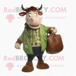 Olive Hereford Cow mascot costume character dressed with a Jacket and Handbags