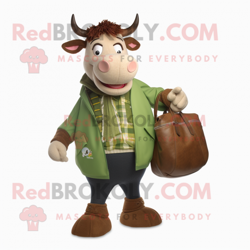 Olive Hereford Cow mascot costume character dressed with a Jacket and Handbags Olive Hereford Cow mascot costume character dressed with a Jacket and Handbags