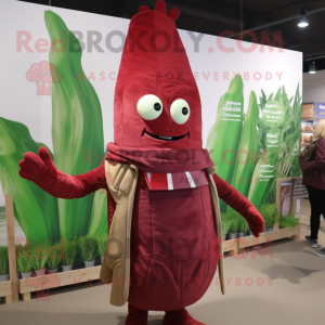 Maroon Asparagus mascot costume character dressed with a Cardigan and Cummerbunds