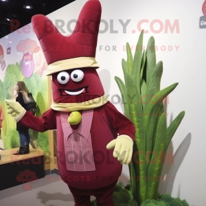 Maroon Asparagus mascot costume character dressed with a Cardigan and Cummerbunds