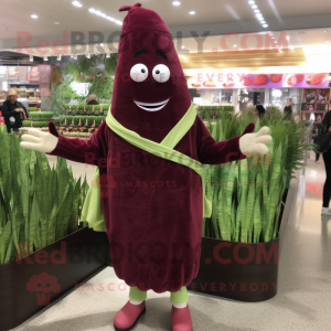 Maroon Asparagus mascot costume character dressed with a Cardigan and Cummerbunds