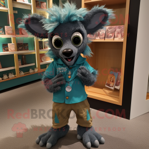 Teal Aye-Aye mascot costume character dressed with a Button-Up Shirt and Shoe laces