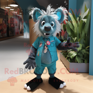 Teal Aye-Aye mascot costume character dressed with a Button-Up Shirt and Shoe laces